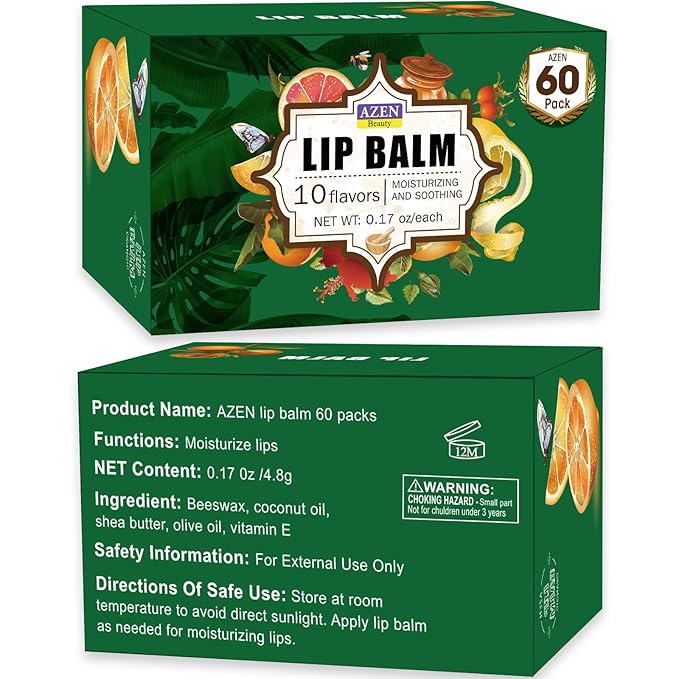 AZEN 60 Pack Natural Lip Balm, Moisturizing Lip Care Product for Dry Cracked Lips (C-60) - 10 Flavors