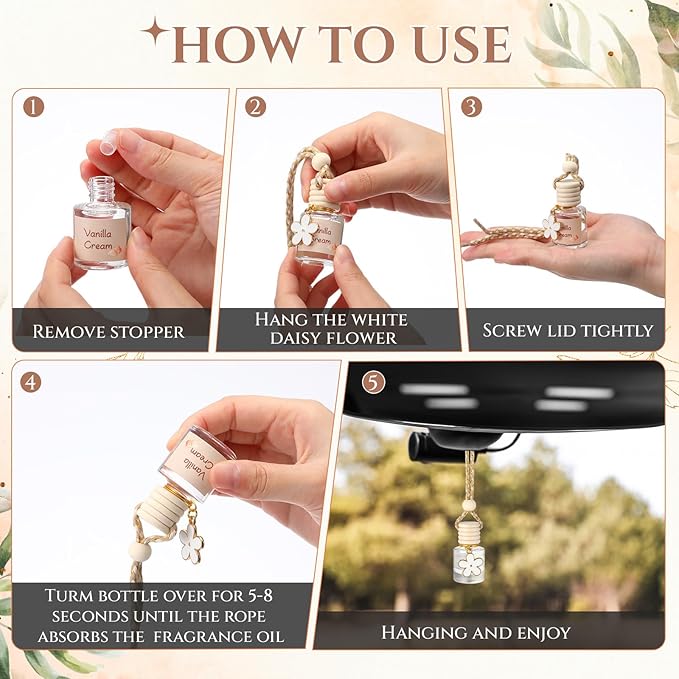 2 Sets Hanging Car Air Freshener and Essential Oil Diffuser, Car Air Freshener Daisy Essential Oil Diffuser Long Lasting Automobile Aromatherapy(White,Vanilla Cream)