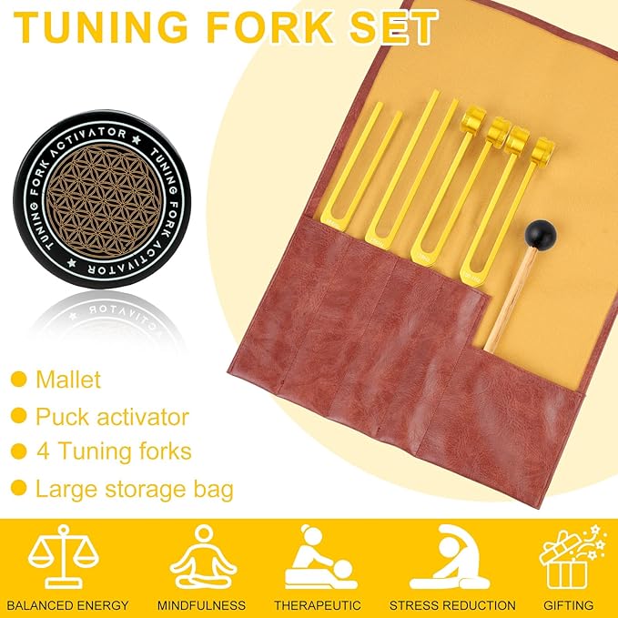 Tuning Forks for Healing Set (Gold) – Includes 128Hz, 136Hz, 256Hz, 384Hz & Activator, Portable in Red Leather Pouch – Medical Grade Sound Healing Instruments for Chakra, Yoga, and Meditation