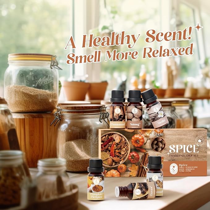 Autumn Spice Essential Oils Set – Cozy Fall Fragrance Oils for Diffuser & Candle Making – Cinnamon, Vanilla, Pumpkin Pie, Nutmeg, Clove, Gingerbread – Warm Home Aroma & Gift Set