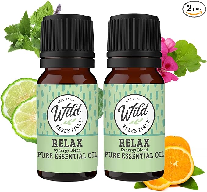 Wild Essentials Relax 100% Pure Essential Oil Synergy Blend 2 Pack - 10ml, Therapeutic Grade - Stress Ease, angst, Mood, Sleep, Calming, Mindfulness, Meditation, Made in The USA