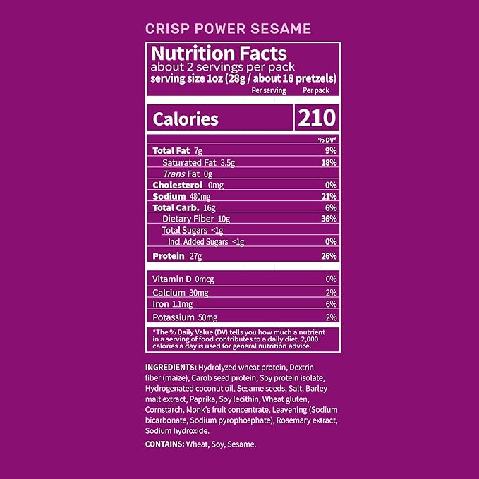 Crisp Power Protein Pretzels, Sesame, High Protein Vegan Keto Snack, 27 G Plant Based Protein, Low Carb Crunchy Pretzel Snacks, Sugar Free, No Seed Oils, 1.75 oz Bags, 24 Pack