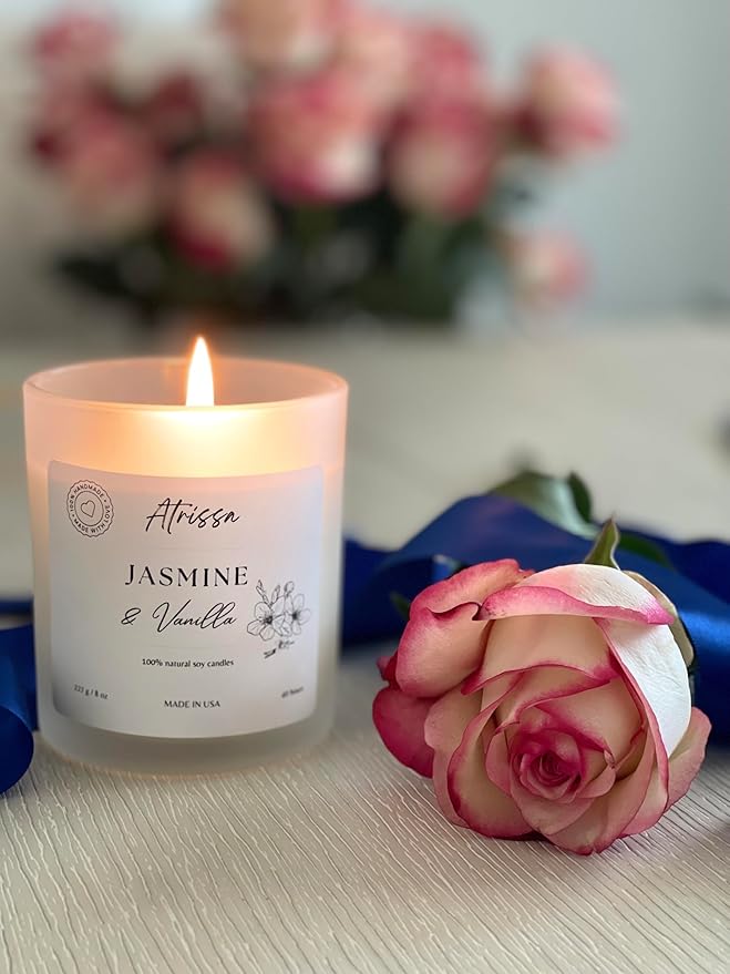 Jasmine Vanilla 8 OZ Handmade Scented Soy Wax Candle, Floral, Sweet, Elegant, Romantic Candle, Non-Toxic Made in The USA Candle for Her or Home (8 Oz, Jasmine Vanilla)