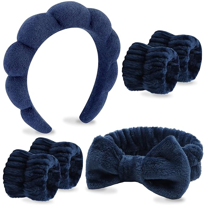 VELSCRUN Spa Headband, Makeup Face Wash Skincare Headbands, 6 Pcs Dark Blue Sponge Bow Tie Get Ready HairBand Facial Wristband Set, Stuff for Teen Girls Women Trendy Fashion Hair Accessories