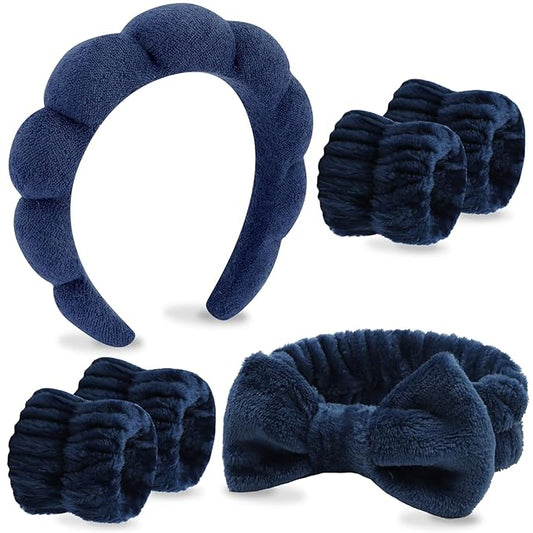 VELSCRUN Spa Headband, Makeup Face Wash Skincare Headbands, 6 Pcs Dark Blue Sponge Bow Tie Get Ready HairBand Facial Wristband Set, Stuff for Teen Girls Women Trendy Fashion Hair Accessories