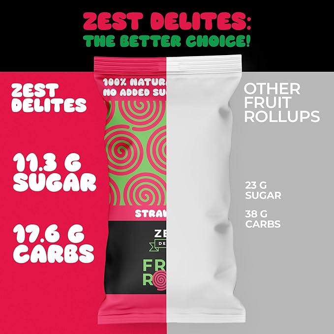 Fruit Rolls by Zest Delites, 100% Natural Healthy Fruit Snacks Bulk for Kids & Adults, Made from Real Strawberry Leather, Vegan, School Lunch Snack, A Twist on Strawberry Strips, 25 Packs