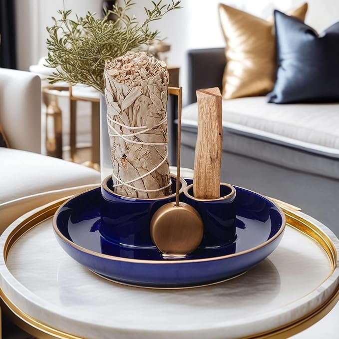 4 in 1 Incense Holder, Ceramic Incense Stick and Palo Santo Holder,Sage Holder for Burning- 5.5" Ceramic Ash Catcher Tray for Meditation and Yoga Room (Blue Golden)