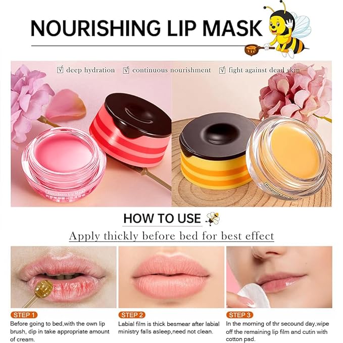 Bee Lip Balm Honey Pot - Strawberry & Honey Moisturizing Propolis Mask, Hydrating Prevention for Dry and Cracked Skin, Exfoliating Scrub, Sleep Mask Reduces Lines - Skin Care Products