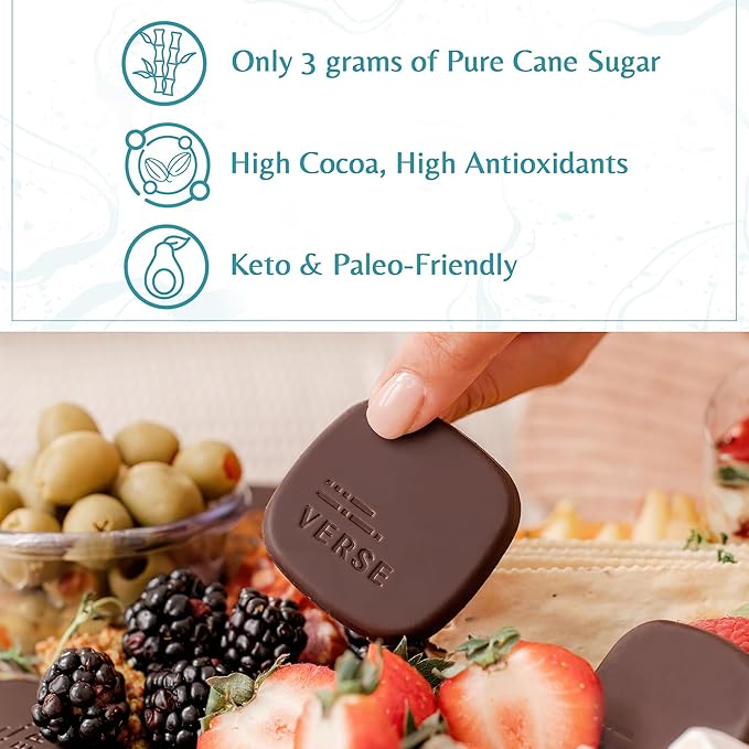 Verse Dark Chocolate Sea Salt Squares - Only 3g Cane Sugar - Creamy 70% Cocoa Dark Chocolate - Individually Wrapped Cacao Bar Squares (9 Count, 2 Pack)