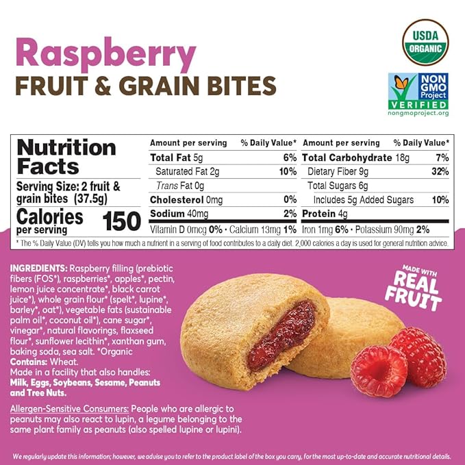 Olyra Raspberry Organic Fruit Snacks, Healthy Snacks for Adults and Kids, High Fiber Cookies, Low Sugar, Vegan, Office Breakfast Bars, USDA Certified Organic, Non GMO (Pack of 12)