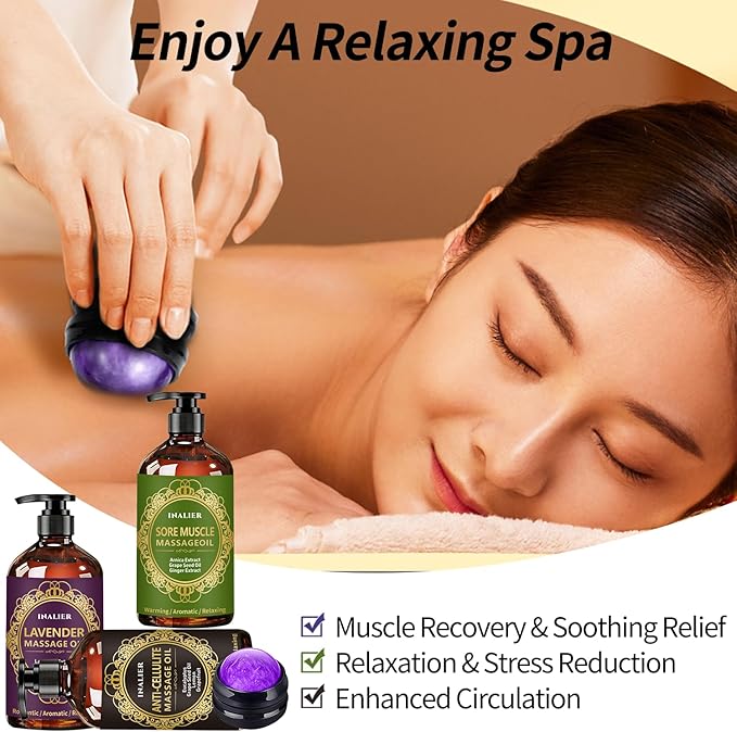 Massage Oils for Massage Therapy,Massage Kit Gifts for Women Men with Arnica, Lavender,Spa Gifts,3 Pack Cellulite,Sore Muscle & Lavender Massage Oils with Massage Ball