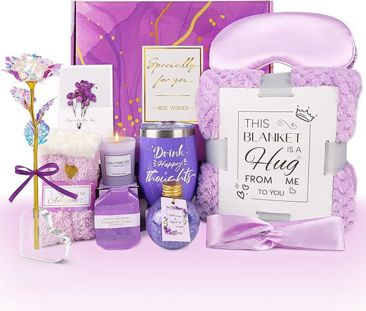 Birthday Gifts for Women Self Care Gifts Get Well Soon Gifts, Rose Relaxing Spa Gifts Basket Care Package, Luxury Flannel Blanket, Thanksgiving Christmas Gifts for Mom Her Grandma Friend Sister Wife