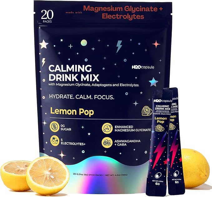 Calm Magnesium Glycinate Drink Mix with Electrolytes – Sugar Free Powder with Ashwagandha, L-Theanine, Vitamin B & GABA – Cortisol Support, Stress Relief, Hydration & Focus - 20 servings (Lemon)