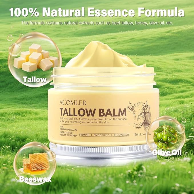 New Whipped Beef Tallow for Skin 4.05oz, 100% Organic Grass Fed Beef Tallow for Face, Pure Tallow Honey and Balm, Beef Tallow, Tallow Moisturizer for Face & Body, Natural Tallow Balm Nourish All Skin