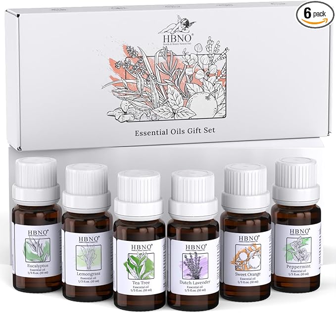 HBNO Essential Oils Set (10ml) - Top 6 Essential Oils. Ideal for Aromatherapy, Soap Making, and Skincare and More - Lavender, Eucalyptus, Tea Tree, Peppermint, Orange, Lemongrass