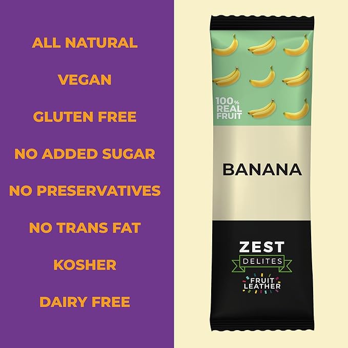 Dried Fruit Bars by Zest Delites, Fruit Leather Snacks, Healthy Snacks Pack for Adults & Kids, Lavashak, Vegan, Apple-Based Banana Strips, 0.88 oz x 10