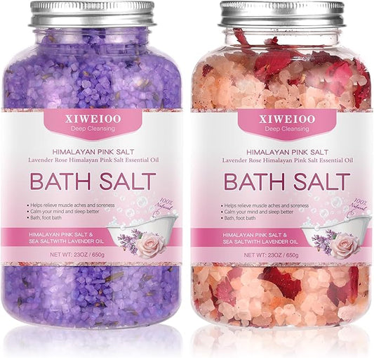 Bath Salts kit Himalayan Pink Salt -46 oz, Pack of 2 Natural Epsom Salt Rose, and Lavender- Essential Oils Relaxes and Better Sleep Foot Soak Tea Tree Oil Soaking & Bathing