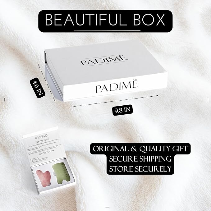 Padime 2 pcs | Premium Set Massage 2-in-1 | Rose Quartz Gua Sha Stone Facial Tools + Jade Comb Scalp Massager | Puffiness Reducing & Relieve Muscle Tension - Stimulates and Strengthens Hair Growth