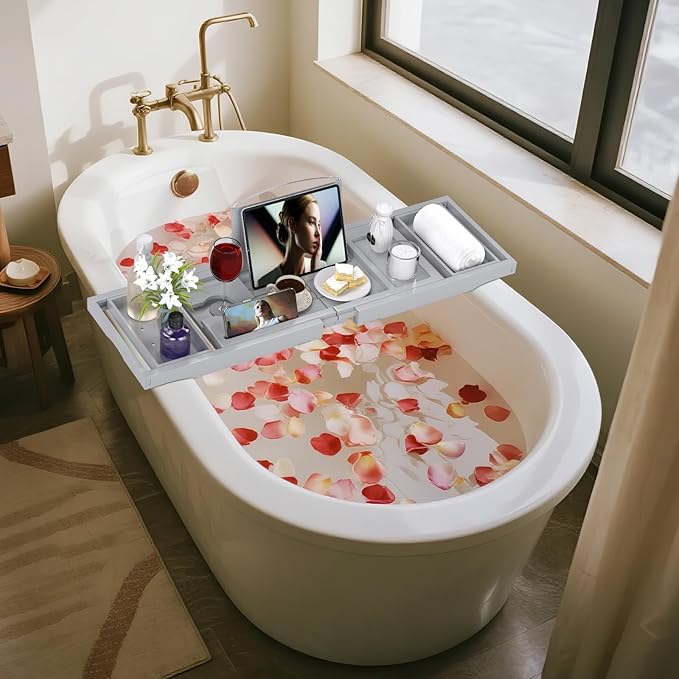 Bathtub Tray Caddy, Expandable Bath Trays for Tub, Bamboo Shelf & Table with Wine Glass Holder,Bathroom Accessories for New Home & Mothers Day & Birthday Gifts for Mom,Gray