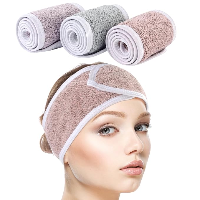 SINLAND Spa Headband for Women 3 Counts Ultra Soft Adjustable Makeup Hair Band with Magic Tape, Terry Cloth Stretch Head Wrap for Face Washing, Bath, Shower, Facial Mask, Yoga