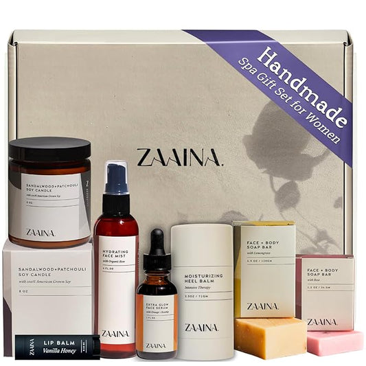 ZAAINA Spa Gift Basket for Women – Luxury Self Care Kit with Face Mist, Glow Serum, Soaps, Lip Balm & Candle – Natural Pampering Care Package for Women – Birthday & Relaxation Spa Basket (Premium Set)