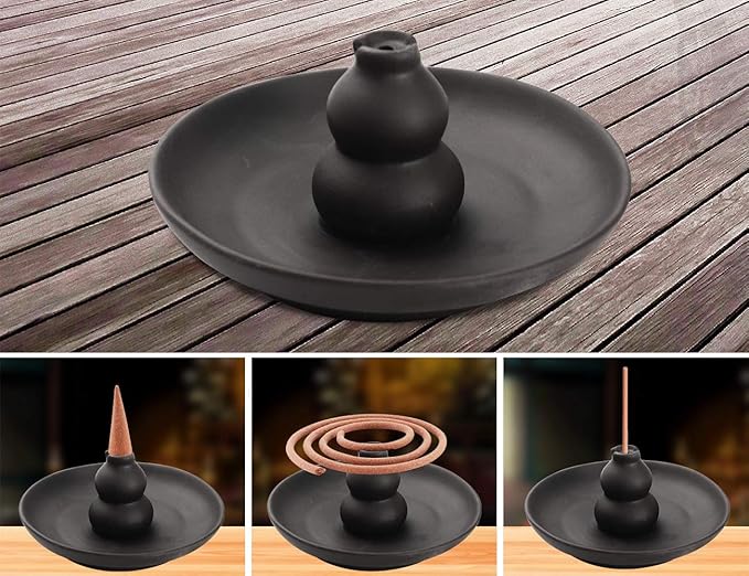 Black Glazed Ceramic Incense Burner, Bottle Gourd Shaped Incense Holder