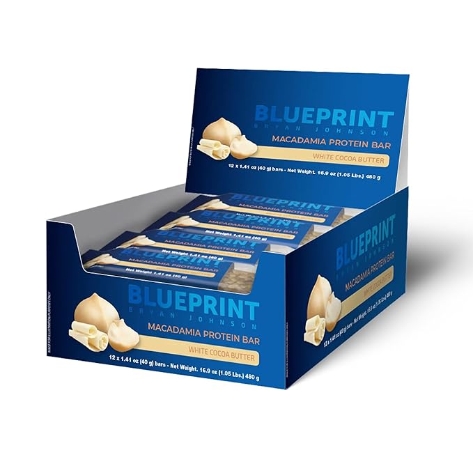 Blueprint by Bryan Johnson Macadamia Nut Protein Bars – 9G Plant Protein – Vegan, Low Carb, Low Sugar, Keto-Friendly Snacks - Non-GMO, Raw Nut Bar, Natural Ingredients (White Cocoa - 12 Pack)