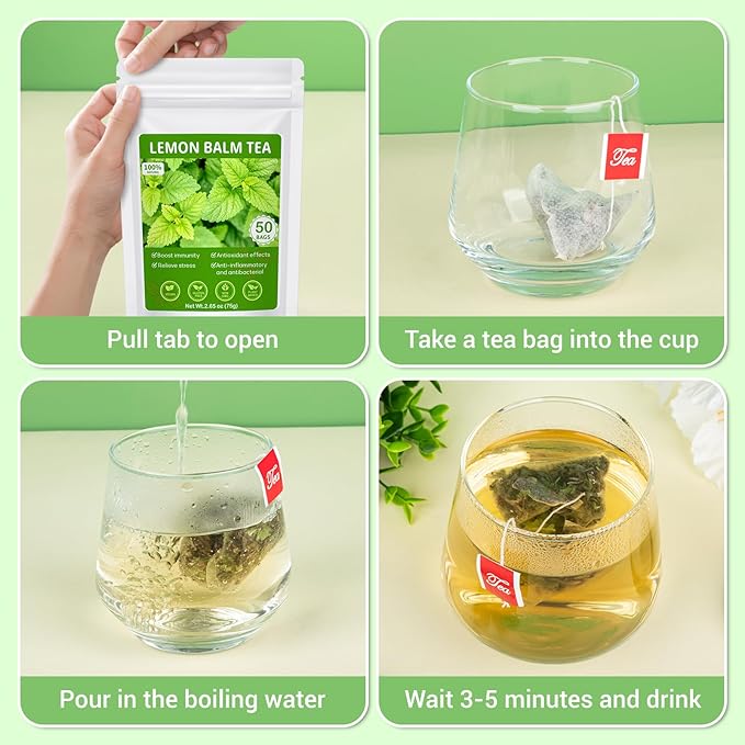 Lemon Balm Tea, 100% Pure & Natural Lemon Balm Leaves Herbal Tea Bags, Promotes Relaxation & Aid In Digestion, Caffeine Free, Non-GMO, Additives Free (1 Pack/100 Bags)