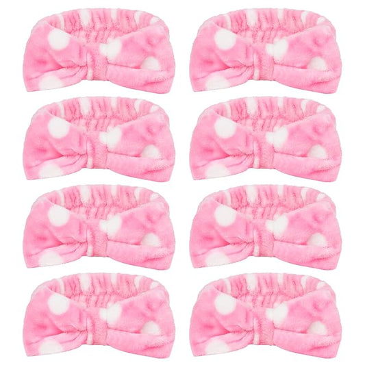 CIEHER 8 Pcs Spa Headbands for Women & Girls - Pink Dot Spa Headbands for Bachelorette Party, Sleep Party, Skincare, Makeup & Face Wash Use
