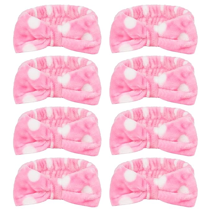 CIEHER 8 Pcs Spa Headbands for Women & Girls - Pink Dot Spa Headbands for Bachelorette Party, Sleep Party, Skincare, Makeup & Face Wash Use