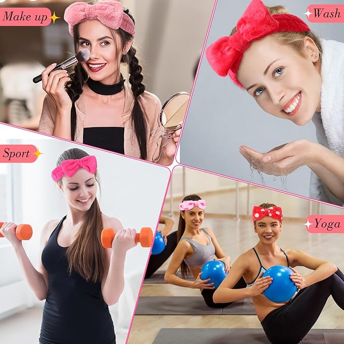 WILLBOND Spa Headband Bow Hairband Facial Makeup Women Face Wash Adjustable Skincare Headbands Flannel Towel Soft Head Wraps for Women Shower Washing Face(Cute,24 Pieces)