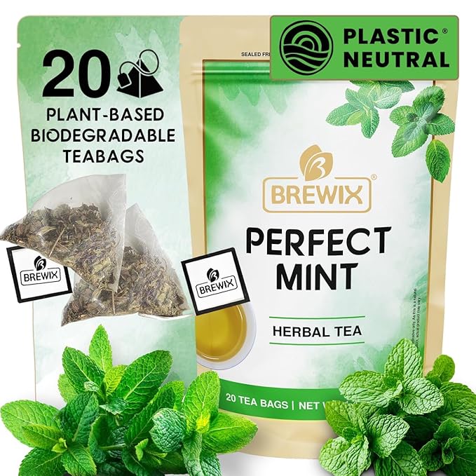 BREWIX, Perfect Mint Tea (20 Pyramid Tea Bags) | Soothing Mint Blend for Digestion Support & Daily Calm | Calming, Fresh and Cool | Caffeine Free Herbal Tea | No Sugar & No Caffeine | Spearmint and Peppermint