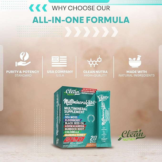 Sea Moss Powder Elderberry Ashwagandha Chlorella Manuka Honey VitaminD3 Vitamin C Zinc Spirulina Iodine Greens Detox Immune Support Sugar Free Hydration Powder Drink Mix – 20 Sticks