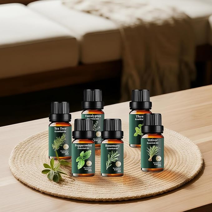 Herbal Essential Oils Set Pure, Mumianhua Natural Zestful Breeze Aromatherapy Gift Kit: Eucalyptus, Peppermint, Tea Tree, Thyme, Rosemary, Vetiver for Diffuser, Humidifier, Candle& Soap Making 6x10ml