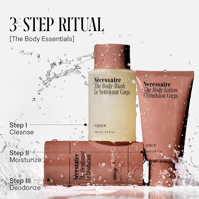 Nécessaire Body Essentials Set – Travel-Size Body Wash, Body Lotion + Deodorant | For Women + Men | Dermatologist-Tested. Hypoallergenic | Aluminum-Free Deodorant (Olibanum)
