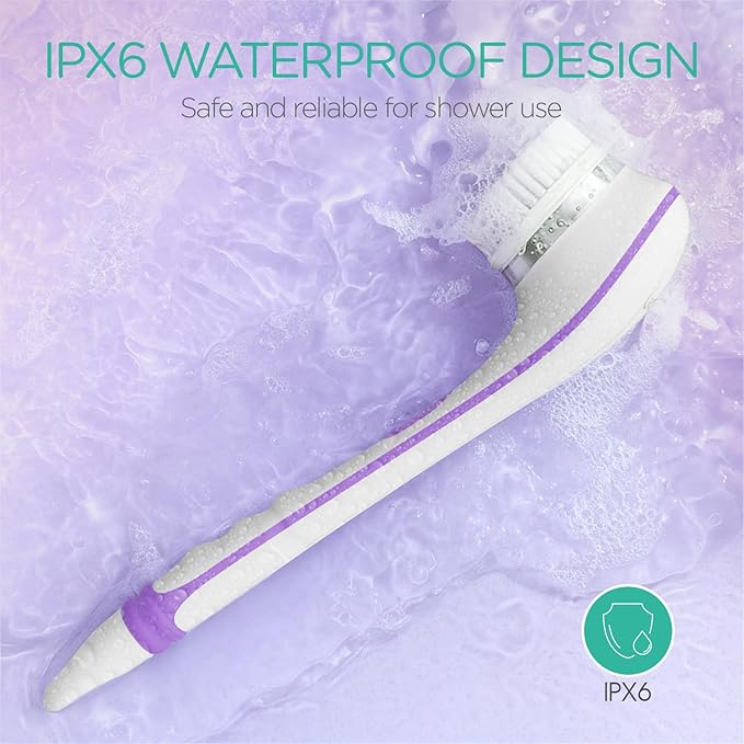 VOYOR Electric Body Brush Back Scrubber for Shower Rechargeable Exfoliating Bath Brush Powered Shower Brush with Non-Slip Long Handle Deep Cleansing, Exfoliation, Massaging Spin Brush BC100 (Purple)