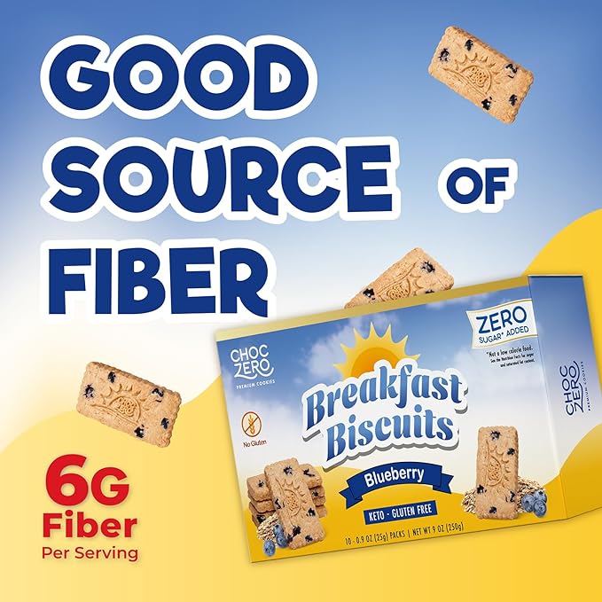 ChocZero Blueberry Breakfast Biscuits – No Sugar Added, Keto & Gluten Free, High Fiber Prebiotic Snack, Blueberry‑Baked Low Net Carb Cookies – 9oz Box