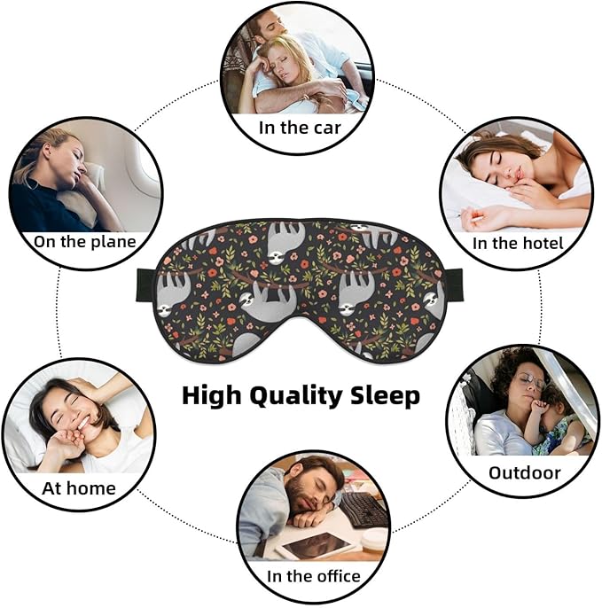 Cute Funny Sloth Floral Sleep Mask, Soft Comfort Eye Shade, Blackout Eye Cover for Deep Rest, Travel, Nap, Meditation