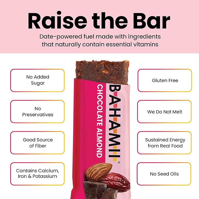 Bahamii Snack Bars, Made with Dates & Nuts, Healthy Snacks, Gluten Free, Good Source of Fiber, Only 6 Ingredients, For Kids & Adults, No Added Sugar, Vegan, 12 Pack, Chocolate Almond