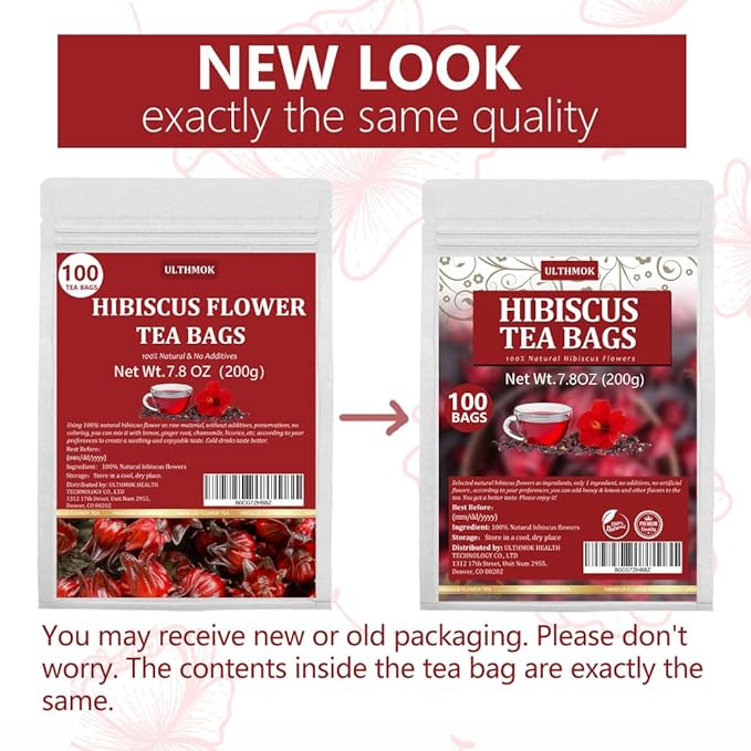 Premium Hibiscus Tea Bags,100 Tea Bags/7.06 Oz,100% Pure Dried Hibiscus Flower,Natural & No Additives,Caffeine Free.