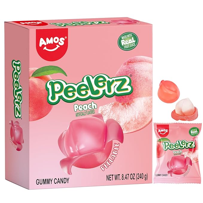AMOS Peelerz Peach Gummy Candy, Peelable Fruit-Shaped Candy, 10 Snack Packs in Box, Chewy Peach Flavor Treat for Kids and Adults, 240g Box (8.47oz)