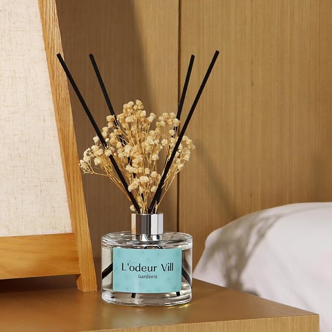 L'odeur Vill Reed Diffuser Set, 6.7 oz(200ml) Gardenia Scented Diffuser with 6 Oil Diffuser Sticks, Home Fragrance Essential Oil Reed Diffuser for Home Large Rooms Bathroom Shelf Decor