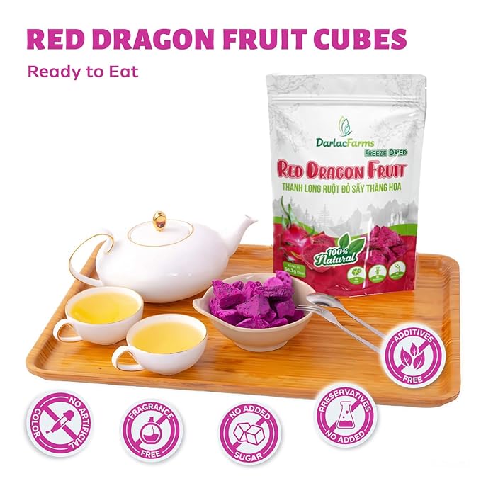 DARLAC FARMS Freeze Dried Red Dragon Fruit Cubes, 2 Oz x Pack 6, No Sugar Added, Healthy Fruit Snacks for Kids, Adults & All Ages, Premium Organic Crispy Crunchy Snacks, Tea, Baking, Smoothie, Yogurt