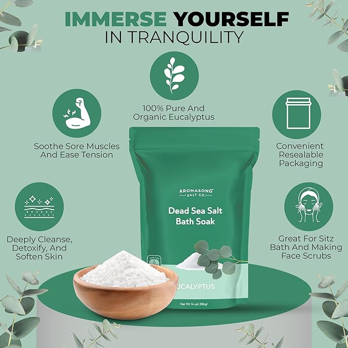 Aromasong Dead Sea Salt - Fine Grain Spa Bath Salt Eucalyptus Scent 14 Oz – 100% Pure & Natural - Soak for Women & Men for Skin Issues and to Relax Tired Muscles