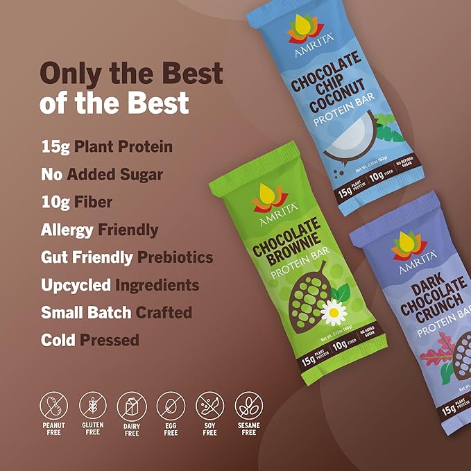 Amrita Nut Free Chocolate Variety Pack Vegan Protein Bars (12 Count) | 12g Plant-Based Protein Bar | Peanut Free, Gluten Free, and Dairy Free | Low Sugar, High Fiber, Healthy School-Safe Snacks