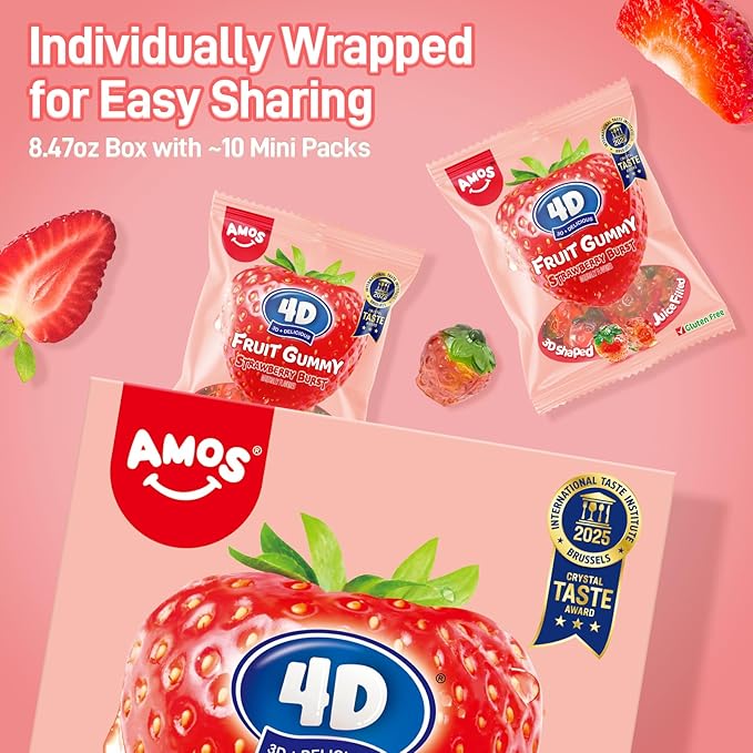 AMOS 4D Gummy Strawberry Burst Candy – Juice-Filled Strawberry-Shaped Gummy Candy, Gluten-Free Fruit Snacks, 8.47oz (240g)