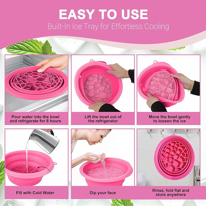 Face Bowl for Ice with Built-In Ice Tray – Collapsible Silicone Facial Ice Bath Bowl for Cold Plunge Therapy, Acne Relief & Skin Tightening – Rose Red Home, Camping & Travel Portable Spa Tool