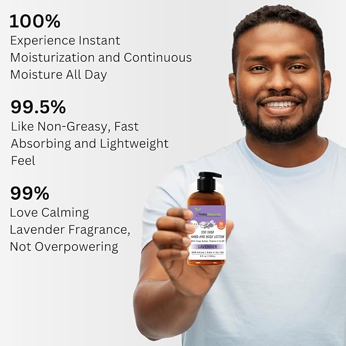 RaGaNaturals Lavender Shea Butter Hand and Body Lotion, 8 Fl Oz - Moisturizing, Plant-Based, Vegan, with Argan, Avocado Oil & Vitamin E