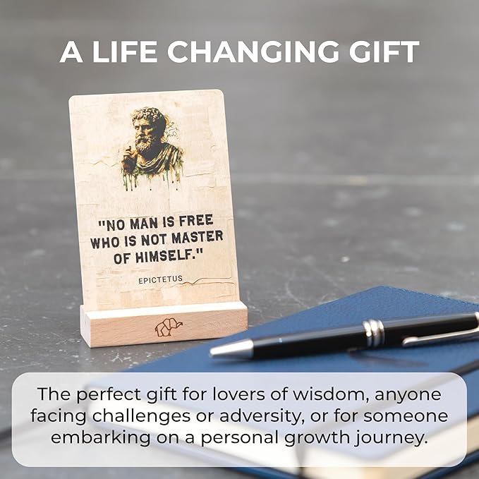 Daily Stoicism Affirmation Cards - 50 Stoic Life Change Quotes, Philosophy Gift for Men in Tin Box with Wood Stand - Desk Accessories Office Decor for Men - Inspirational & Motivational Cards