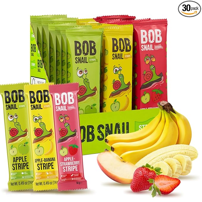 BOB SNAIL Healthy Organic Fruit Snacks for Kids and Adults – 30 Organic Fruit Leather Snacks with Apple, Banana, Strawberry – Vegan Low-Carb Variety Pack Strips for Kids – Sugar Free Jerky Bars